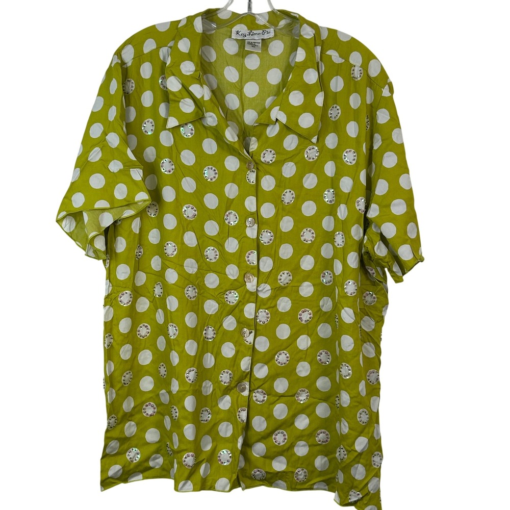 Key Lime Pie Womens 2X Green White Polka Dot Sequin Rayon Button Front Shirt
